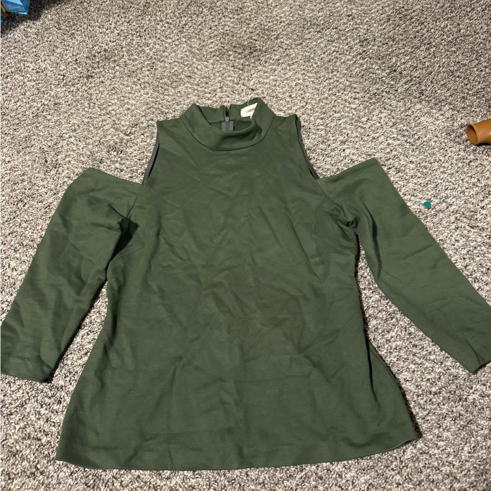 L’Agence Top Womens Large Green Cold Shoulder Long Sleeve Mock Neck Stretch